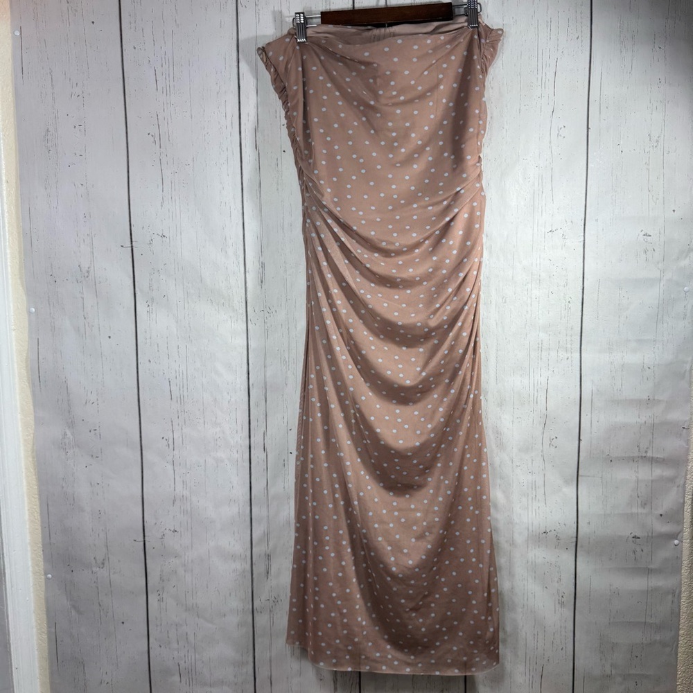 Zara Strapless Polka Dot Midi Dress Nude Beige Ruched Bodycon XL Neutral Classy - Picture 13 of 15